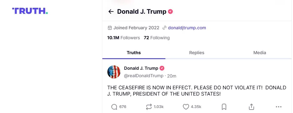 Tổng thống Mỹ Donald Trump viết trên mạng xã hội TruthSocial. Ảnh: TRUTH Trump 1.jpg