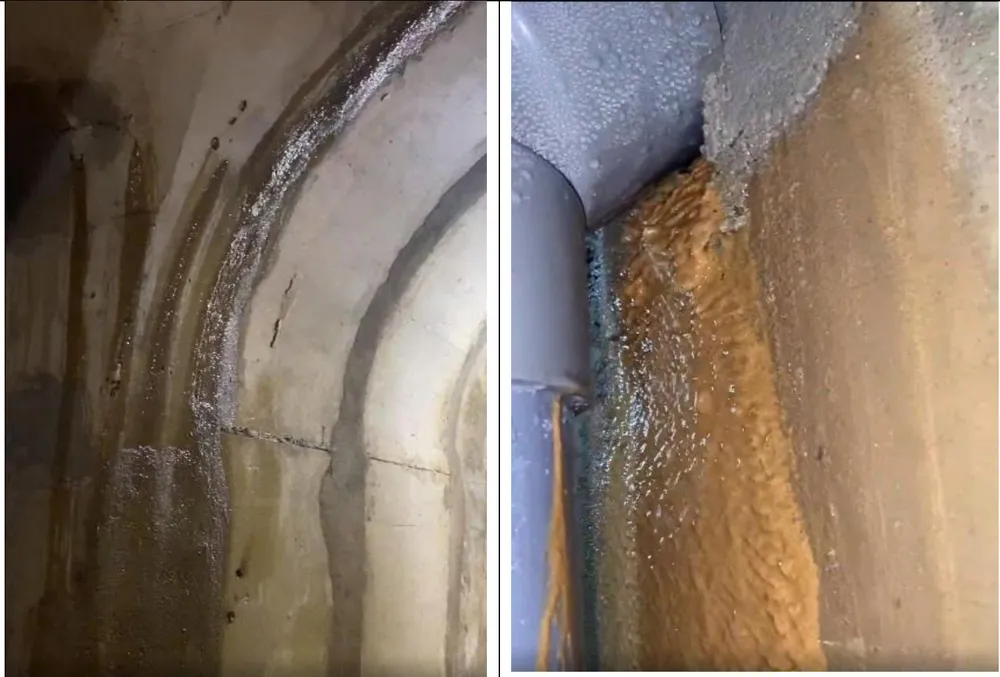 Op meerdere inspectiepunten in de betonnen dam is lekkage geconstateerd. Foto: Ninh Thuan Irrigation Works Exploitation Company Limited. Ảnh màn hình 2025-12-11 lúc 14.37.38.png