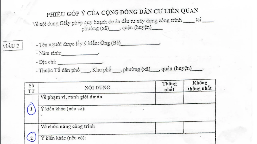 Mẫu "Phiếu góp ý của cộng đồng dân cư liên quan" quá chuyên môn nên việc lấy ý kiến chưa sát thực tế