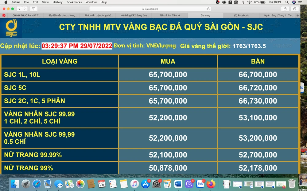 Bảng giá vàng SJC của Công ty SJC chiều ngày 29-7