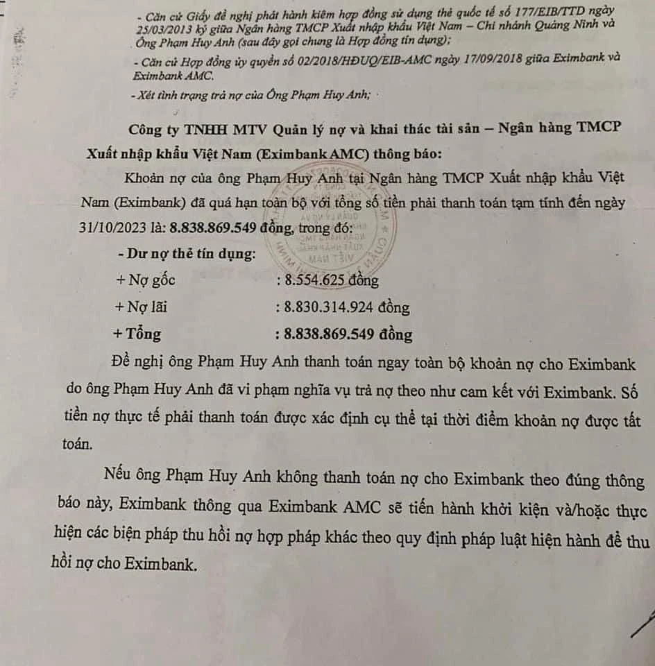 Công văn nhắc nợ quá hạn do Eximbank AMC gửi khách hàng P.A.H. 