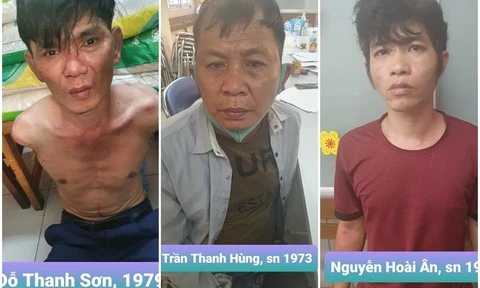 Ba đối tượng Sơn, Hùng và Ân (từ trái qua phải) tại cơ quan công an