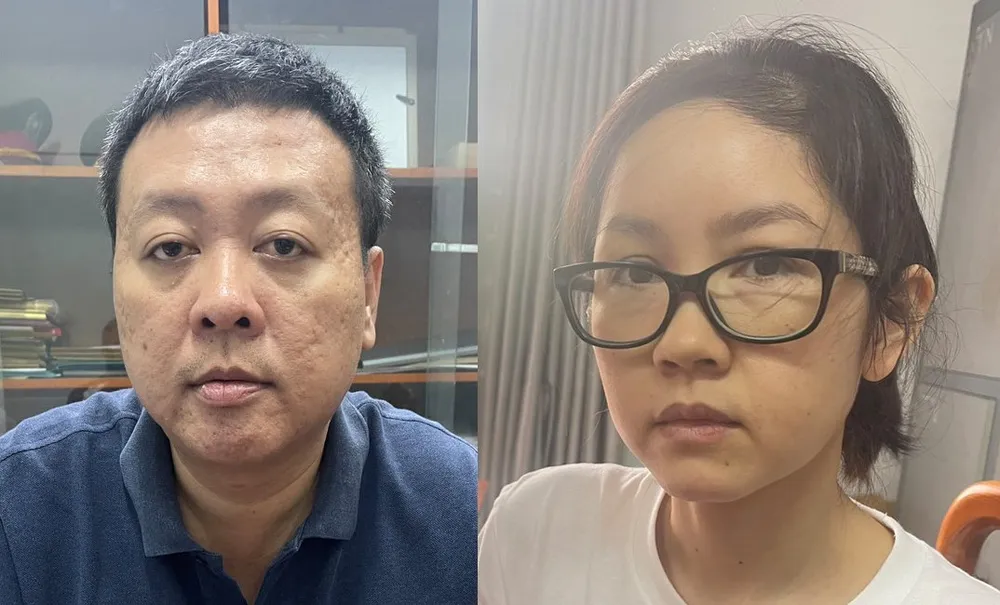 Phong và vợ là Thanh tại cơ quan điều tra. Ảnh: CHÍ THẠCH