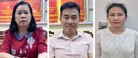 Các bị can (từ trái qua phải): Bùi Thị Lệ Phi, Lương Tấn Thành và Hoàng Thị Thúy Nga.