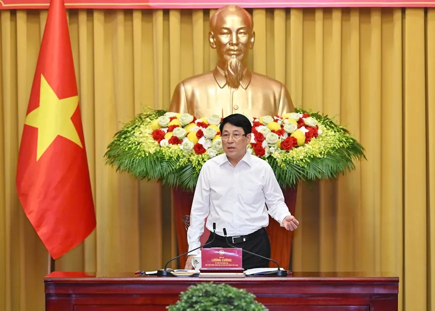 Chủ tịch nước Lương Cường tại buổi làm việc với Tỉnh ủy Hưng Yên và Tỉnh ủy Thái Bình, chiều 5-6. Ảnh: VIẾT CHUNG CTN Hung Yen 1.jpg