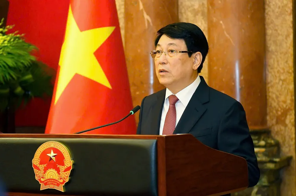 Chủ tịch nước Lương Cường phát biểu tại lễ công bố, trao quyết định thăng quân hàm ngày 14-7. Ảnh: VIẾT CHUNG Trao quan ham 1.jpg