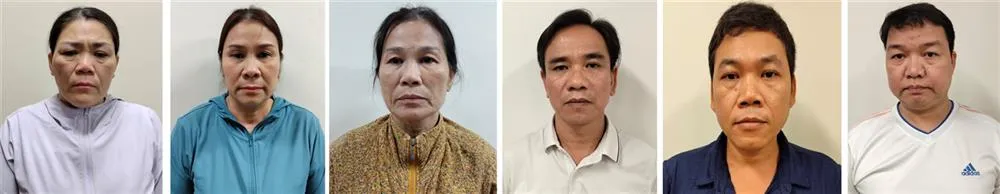 Các bị can (từ trái qua phải): Nguyễn Thị Hóa, Nguyễn Thị Gái, Đỗ Thị Thủy, Trần Công Quán, Nguyễn Hữu Phương, Nguyễn Khắc Bồng