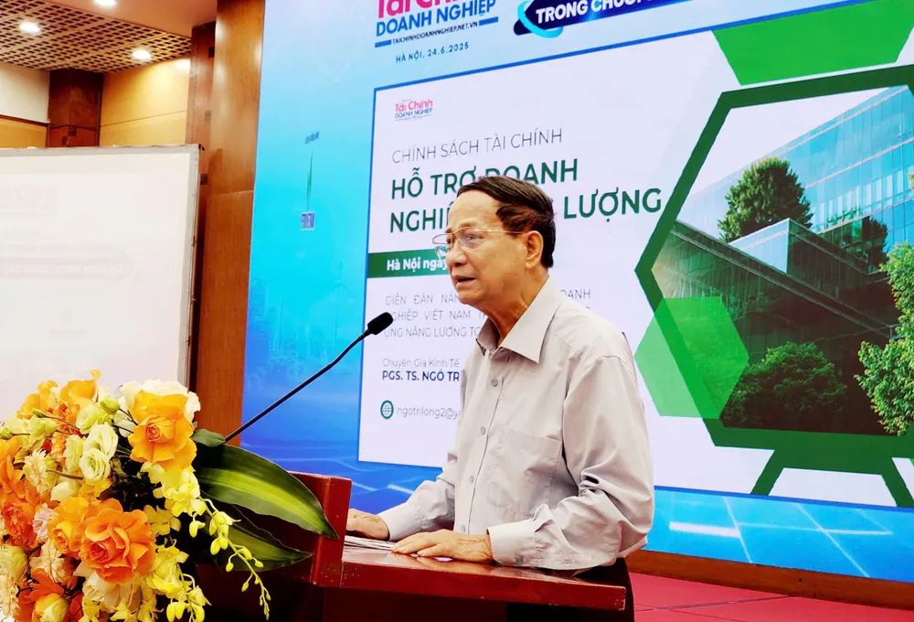 PGS-TS Ngô Trí Long, nguyên Viện trưởng Viện Nghiên cứu thị trường giá cả (Bộ Tài chính) trình bày tham luận tại diễn đàn. Ảnh: HÀ NGUYỄN 1214.jpg