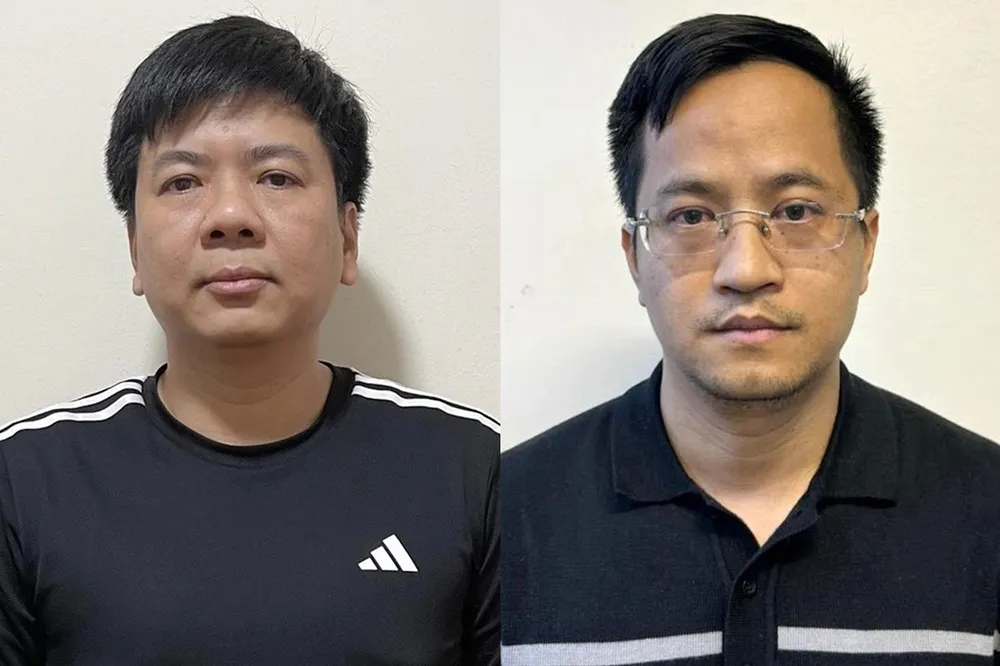 Bị can Nguyễn Ngọc Thủy (trái) và Đặng Văn Hiển đã bị khởi tố trước đó. Ảnh: BỘ CÔNG AN Thuy-5100-1733391094.jpg