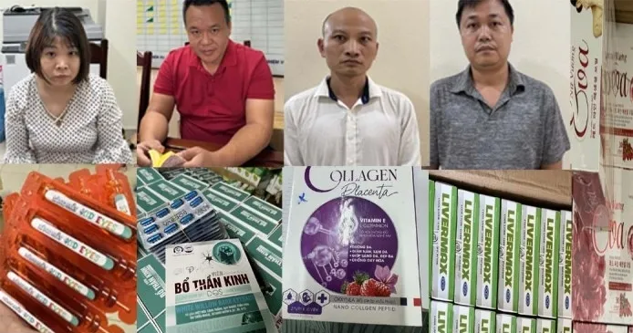 Các đối tượng Nga, Đôn, Hải, Phúc và một số thực phẩm chức năng giả. Ảnh: T.TH