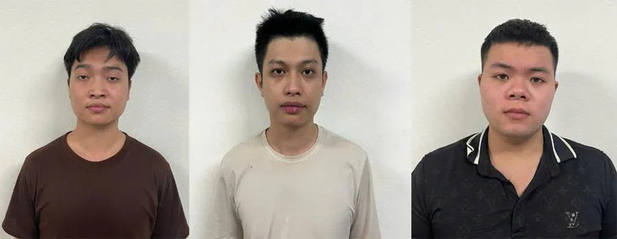 3 đối tượng Toàn, Thắng và Quynh (từ trái sang). Ảnh: CÔNG AN THANH HÓA toàn thắng quynh.jpg