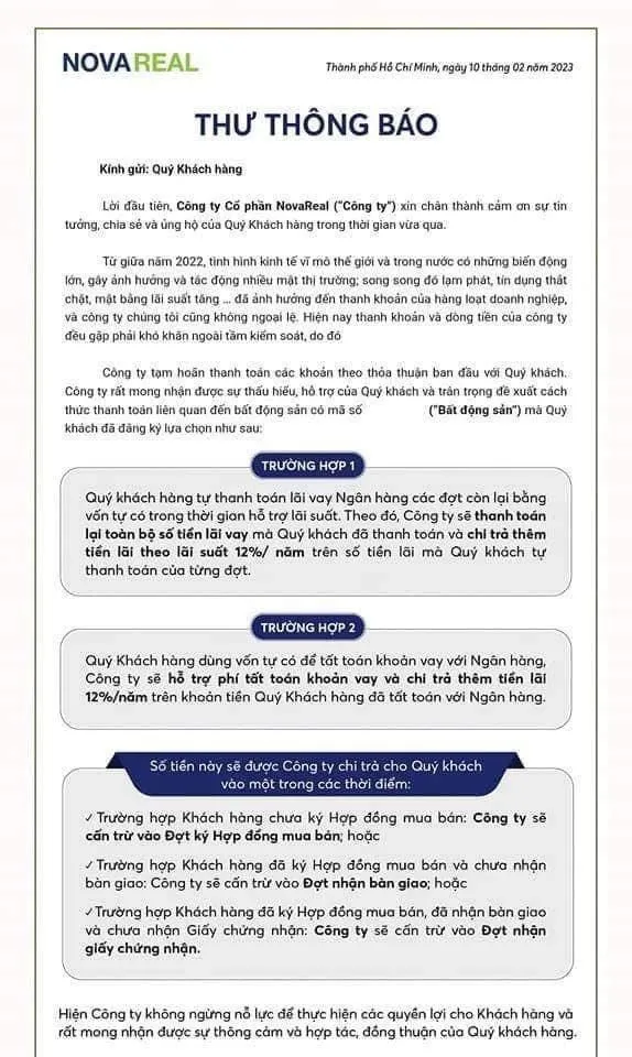 Thư thông báo của NovaReal gửi đến khách hàng Thư thông báo của NovaReal gửi đến khách hàng