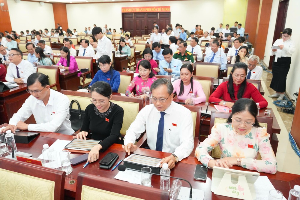 胡志明市人民议会代表正在通过决议草案。