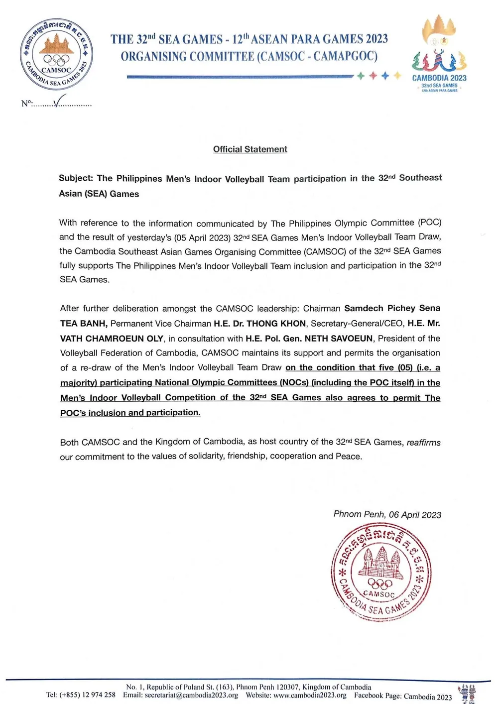 Thông báo về việc sẽ tổ chức bốc thăm lại môn bóng chuyền nam. Ảnh: CAMSOC