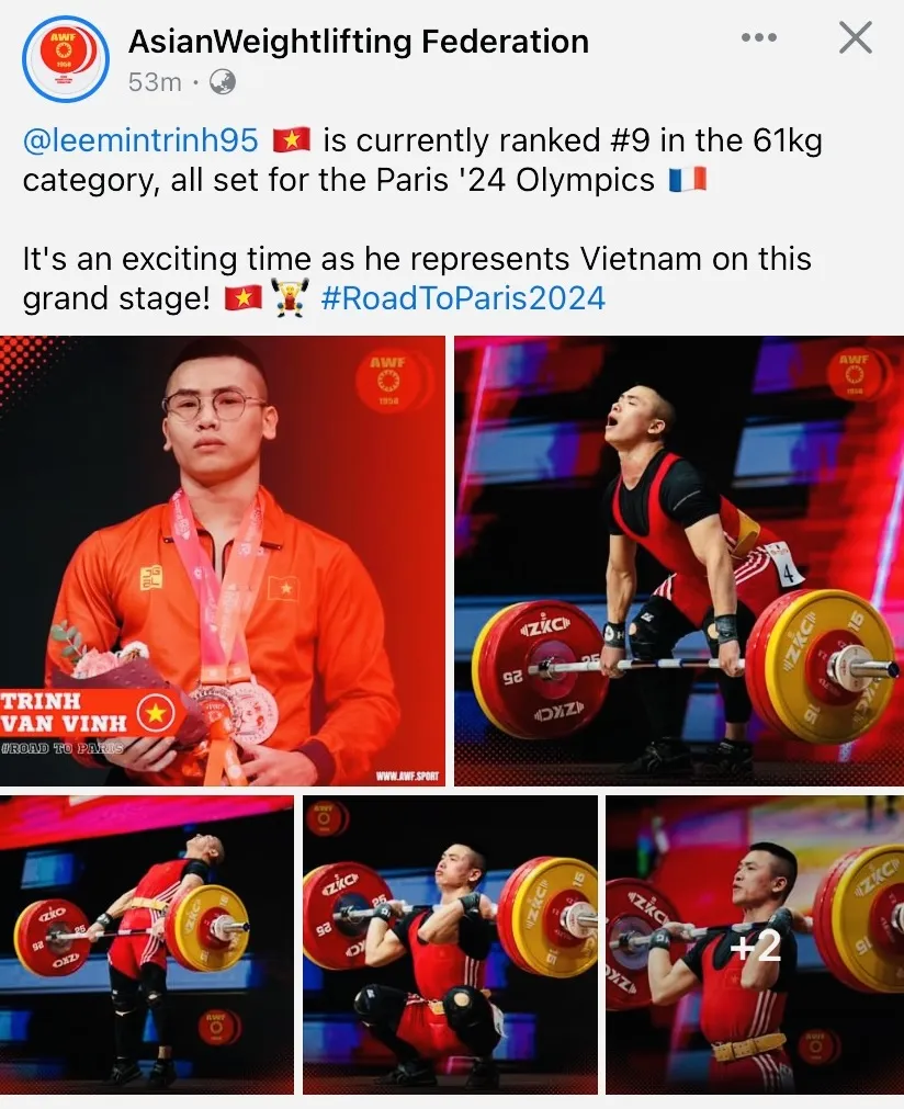 Liên đoàn cử tạ châu Á đã chúc mừng Trịnh Văn Vinh có tấm vé Olympic 2024. Ảnh: AWF