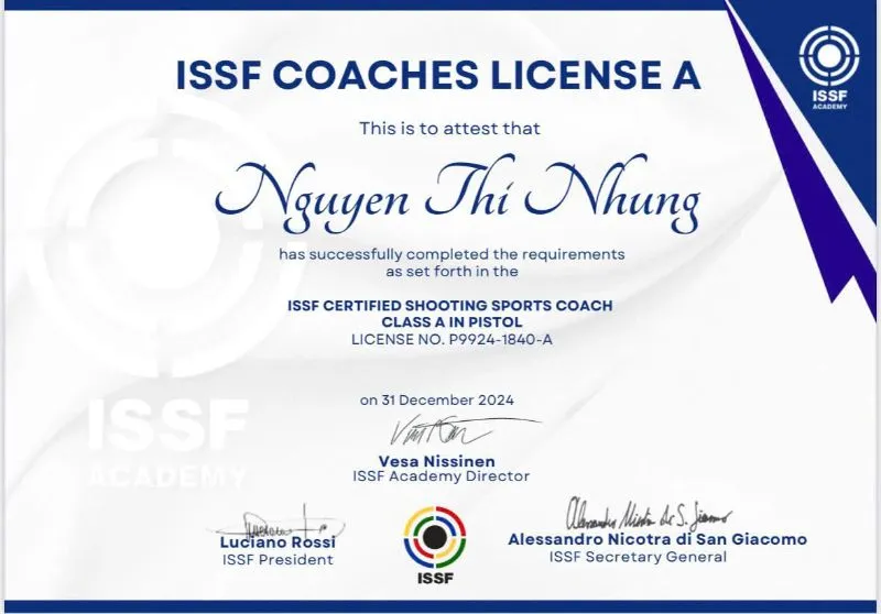 Chứng chỉ của HLV Nguyễn Thị Nhung. Ảnh: ISSFACADEMY nhung 1.jpg
