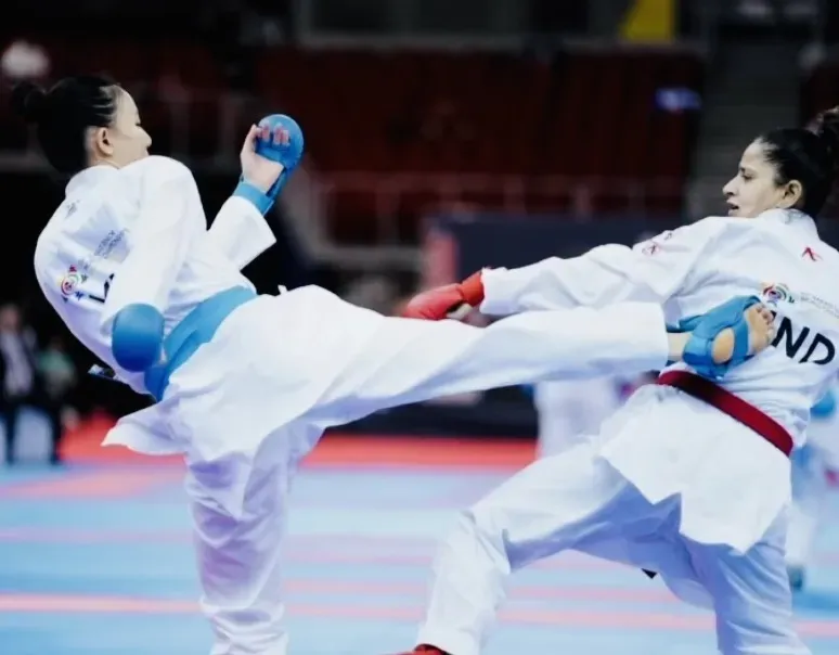 Hoàng Thị Mỹ Tâm (đai xanh) sẽ tập trung chuẩn bị cho giải Đông Nam Á 2025. Ảnh: WKF img-4122-9237.jpg