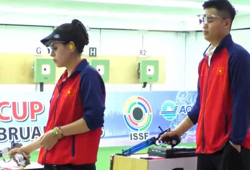 Thu Vinh và Quang Huy đứng hạng 5 nội dung đồng đội tại ISSF World Cup 2025 ở Trung Quốc. Ảnh: ISSF