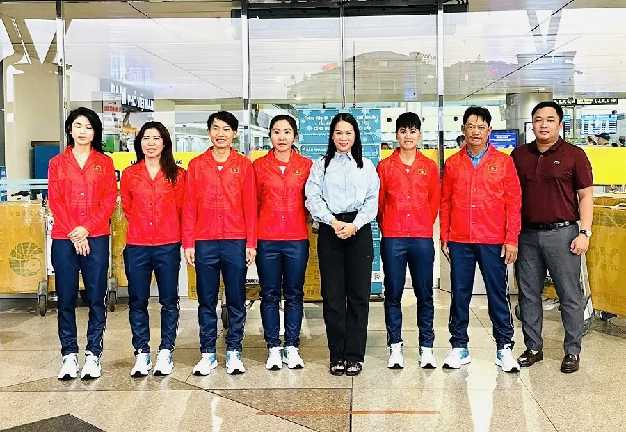 Nguyễn Thị Thật và đồng đội sang Thái Lan sẵn sàng làm quen lộ trình thi đấu trước tranh tài SEA Games 33-2025. Ảnh: VCF