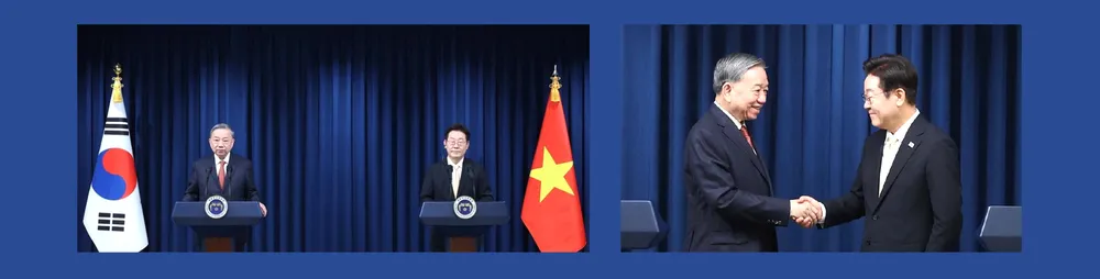 Tổng Bí thư Tô Lâm và Tổng thống Hàn Quốc Lee Jae Myung tại buổi gặp gỡ báo chí. Ảnh: TTXVN Ngoai giao Vietnam-Han Quoc-1.jpg