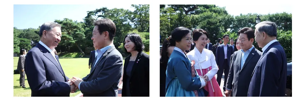 Tổng thống Hàn Quốc Lee Jae Myung và phu nhân đón Tổng Bí thư Tô Lâm và phu nhân tại Nhà Xanh, thủ đô Seoul. Ảnh: TTXVN Ngoai giao Vietnam-Han Quoc-2.jpg