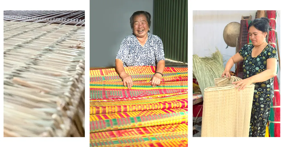Nghệ nhân Diệp Thị Som bên sản phẩm chiếu hoa vừa dệt xong và những đôi chiếu Cà Hom được nghệ nhân trẻ tuổi Trần Thị Thế vừa hoàn thành. Ảnh: TÍN HUY nghe lam chieu-12.jpg