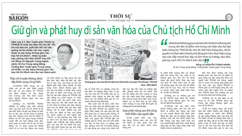 Báo SGGP ngày 5-7-2023 đăng bài phỏng vấn đồng chí Nguyễn Trọng Nghĩa, Bí thư Trung ương Đảng, Trưởng Ban Tuyên giáo Trung ương, về nhiệm vụ xây dựng Không gian văn hóa Hồ Chí Minh trên địa bàn Thành phố Dau an nhiem ky-phan 1-kgvh-2.jpg