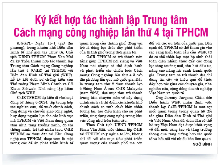 Báo SGGP ngày 18-1-2024 thông tin về việc TPHCM ký kết hợp tác thành lập Trung tâm Cách mạng công nghiệp lần thứ 4 Dau an nhiem ky-phan 1-Trung tam CMCN-1.jpg