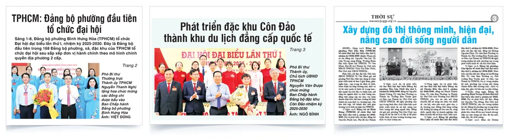 Từ trái qua: Trang 1 Báo SGGP ngày 2-8-2025, trang 1 Báo SGGP ngày 9-8-2025 và trang 3 Báo SGGP ngày 15-8-2025 Dau an nhiem ky-phan 2-chinh quyen 2 cap-6.jpg