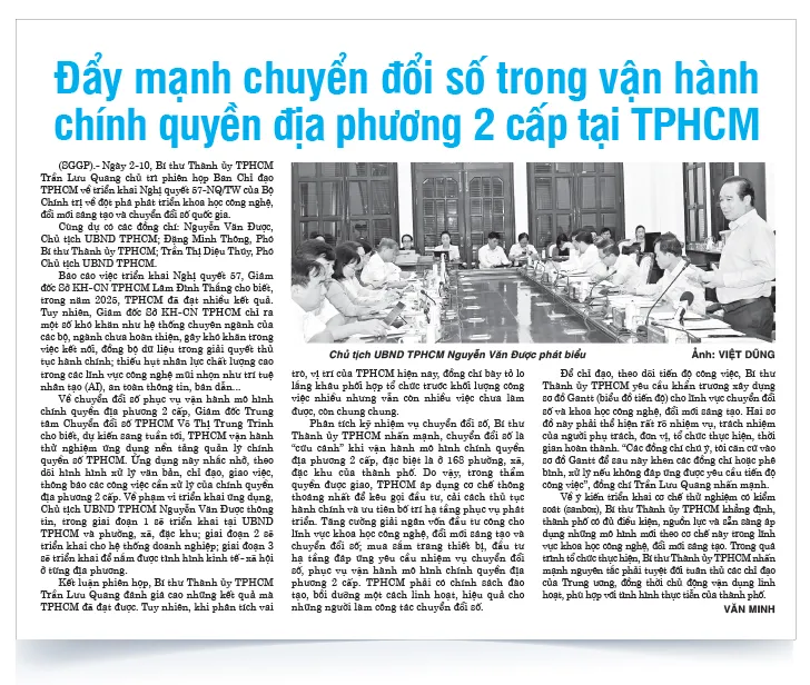 Chủ trì phiên họp về triển khai Nghị quyết 57-NQ/TW của Bộ Chính trị, Bí thư Thành ủy TPHCM yêu cầu xây dựng sơ đồ Gantt, một giải pháp cụ thể nâng chất quản lý công việc của cán bộ, đảng viên. Trong ảnh: Trang 2 Báo SGGP ngày 3-10 Dau an nhiem ky-p3-hinh-1-3.jpg