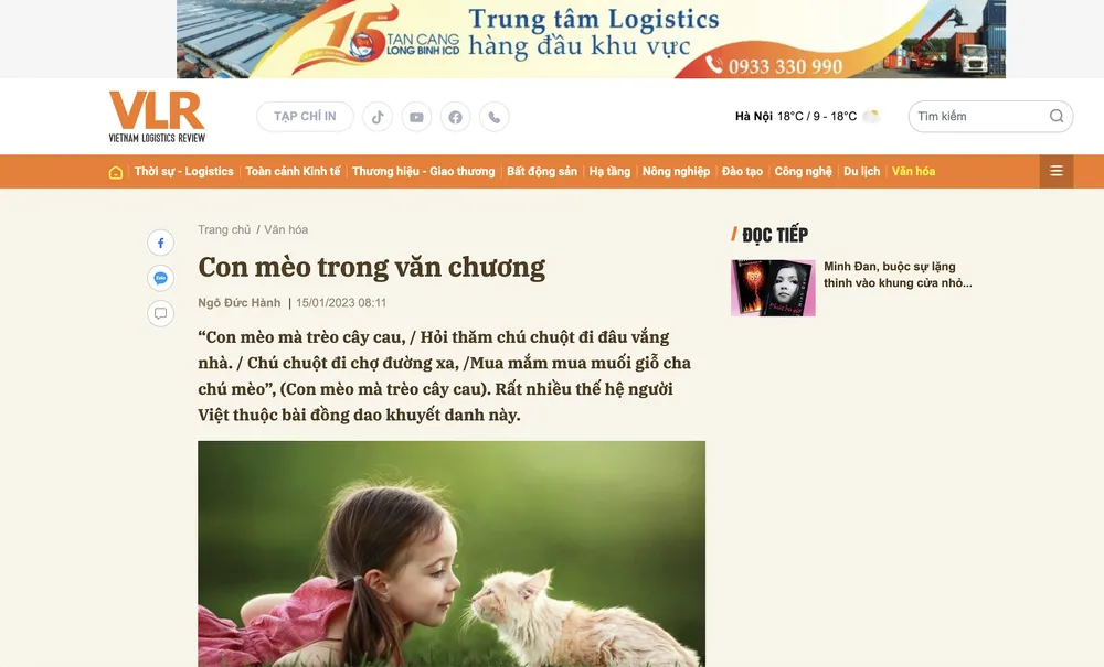Bài viết "Con mèo trong văn chương" của tác giả Ngô Đức Hành trên Tạp chí Vietnam Logistics Review Bài viết "Con mèo trong văn chương" của tác giả Ngô Đức Hành trên Tạp chí Vietnam Logistics Review
