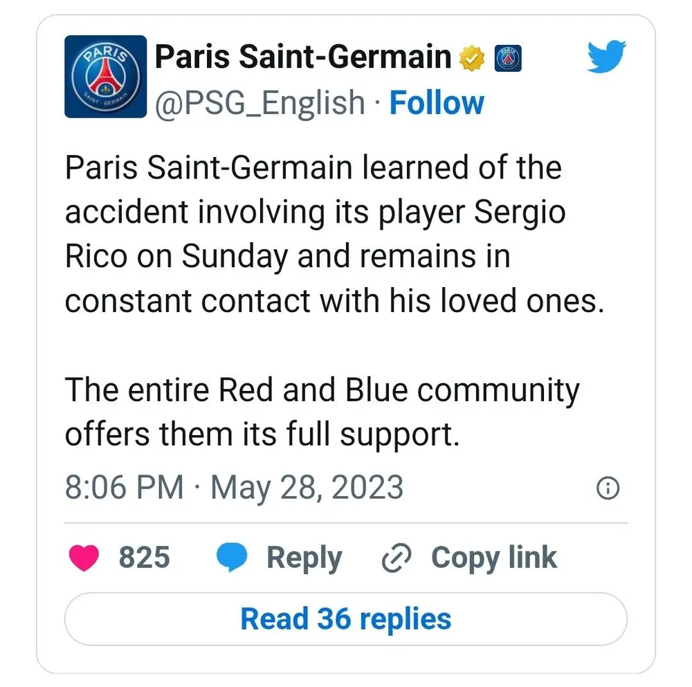 PSG động viên Sergio Rico trên Twitter