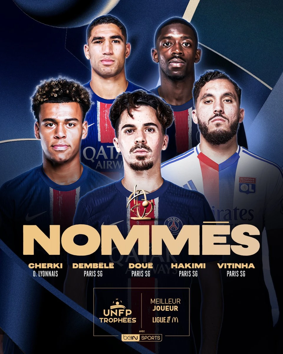 Bốn cầu thủ Paris Saint-Germain (Vitinha - Desire Doue - Achraf Hakimi - Ousmane Dembele), một cầu thủ Olympique Lyon (Rayan Cherki) và không có ai từ Marseille được đề cử cầu thủ xuất sắc nhất mùa giải bóng đá Pháp 2024/25. Ảnh: UNFC gpyceu-wyaaf6fz-2098.jpg
