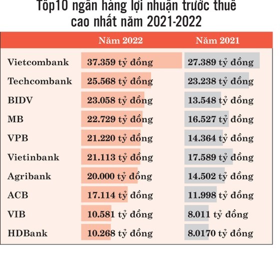 Top ten commercial banks with highest pre-tax profits in 2021 and 2022. (Photo: SGGP)