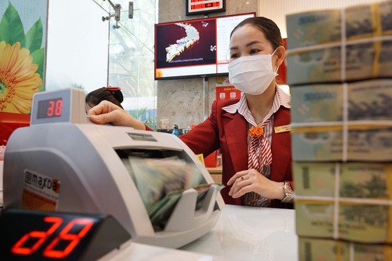 An bank employee is checking the money deposited by a customer