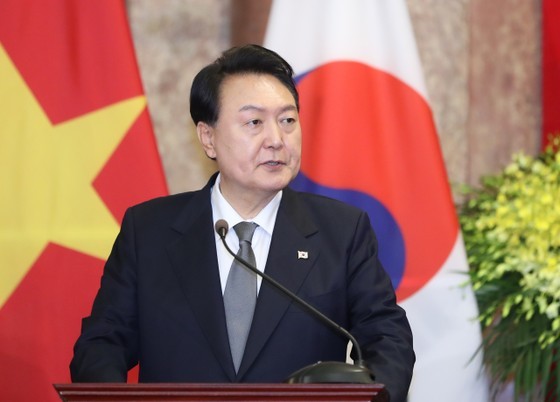President Yoon Suk Yeol speaks at the press conference. President Yoon Suk Yeol speaks at the press conference.