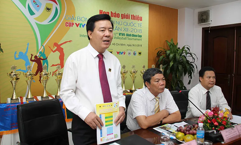 Ban tổ chức giải bóng chuyền nữ Quốc tế cúp VTV9 Bình Điền lần XIIXII giới thiệu về giải. Ảnh: Nhật Anh