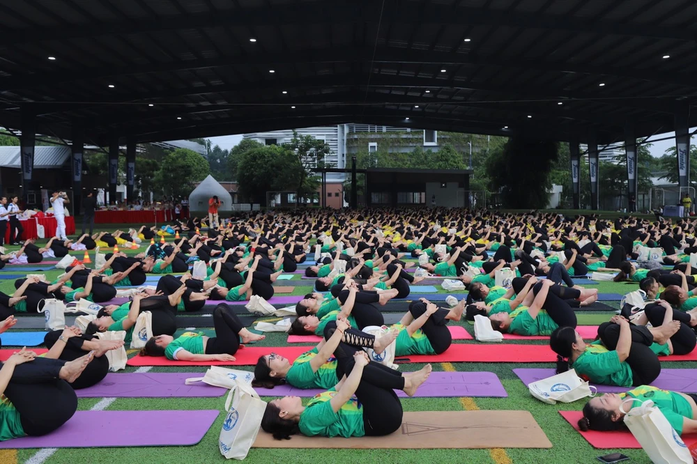 Các huấn luyện viên, hội viên Yoga đồng diễn các bài tập Yoga tại sự kiện.