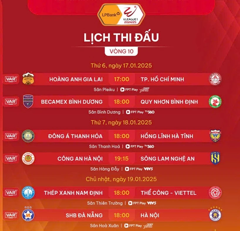 Lịch thi đấu vòng 10 LPBank V-League 2024-2025