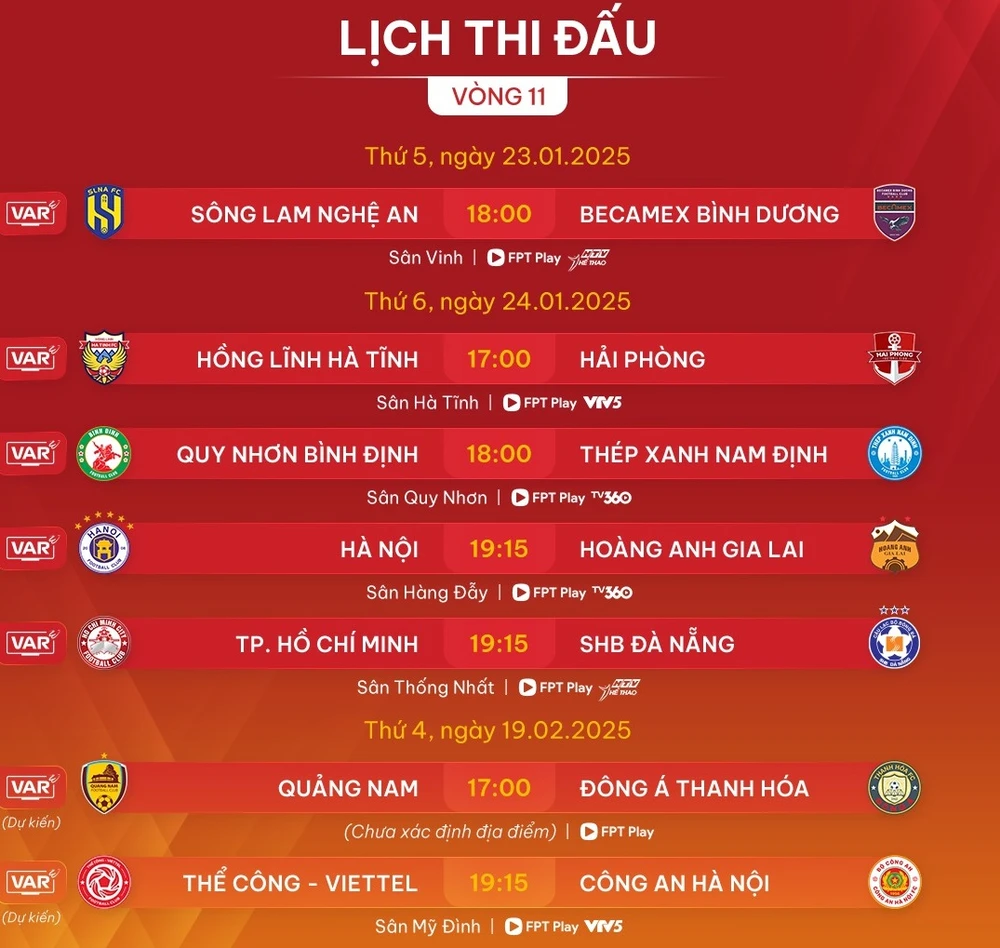 Lịch thi đấu vòng 11 LP Bank V-League 2024-2025