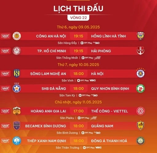 Lịch thi đấu vòng 22 V-League 2024-2025
