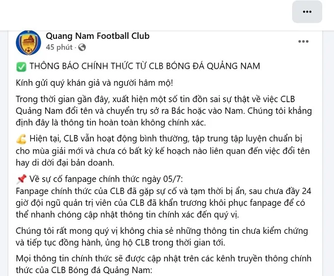 Quảng Nam phủ nhận tin đồn trên fanpage của CLB quang-nam-.jpg