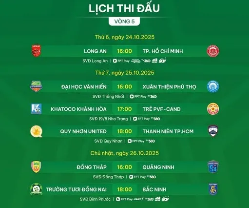 Lịch thi đấu vòng 5 giải hạng Nhất 2025-2026