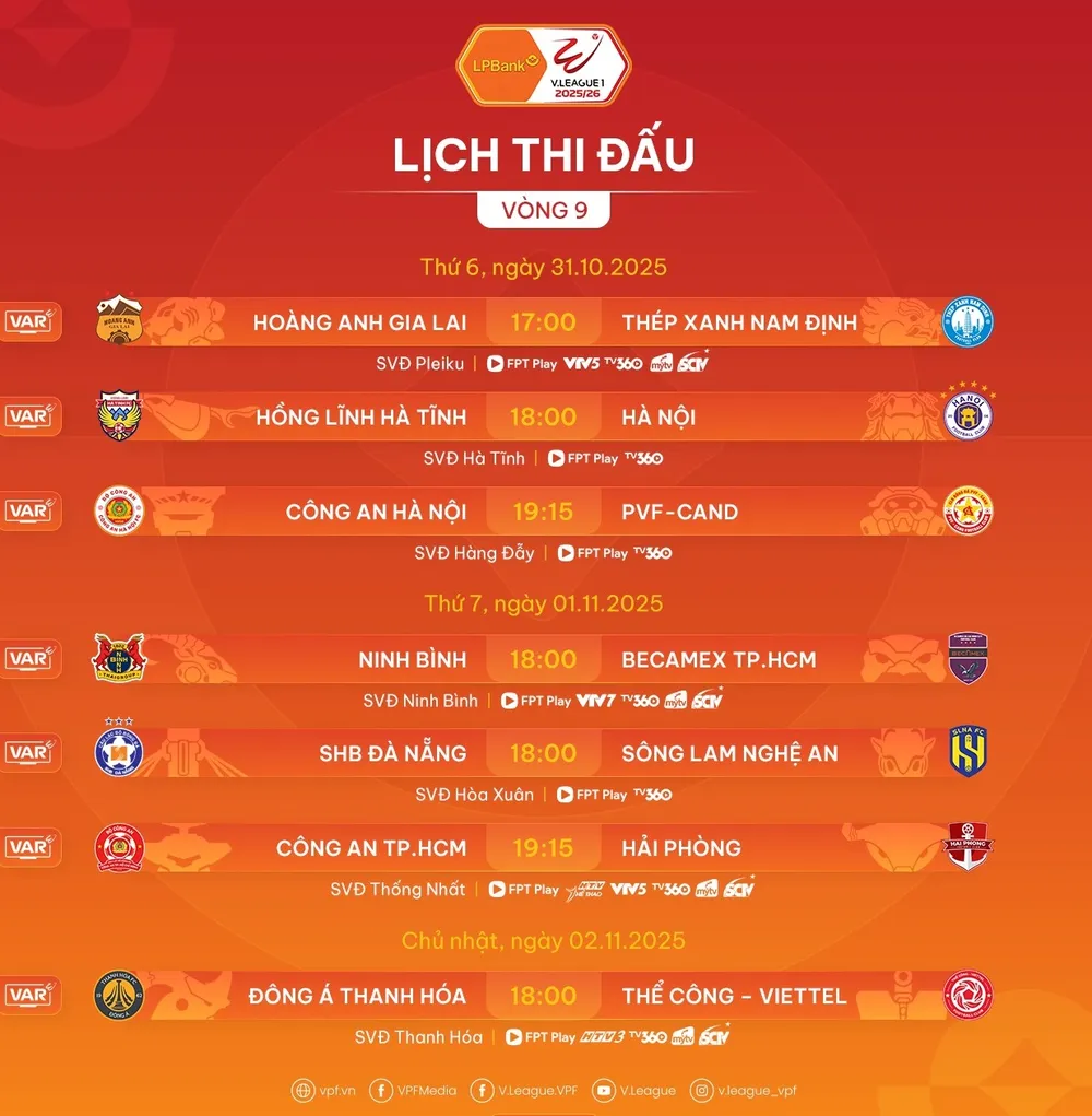 Lịch thi đấu vòng 9 V-League 2025-2026
