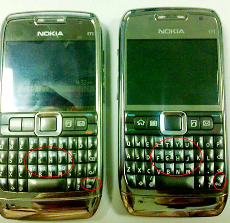 Chiếc ĐTDĐ Nokia thật (bên trái) và giả chỉ hơi khác nhau ở phím bấm. Chiếc ĐTDĐ Nokia thật (bên trái) và giả chỉ hơi khác nhau ở phím bấm.