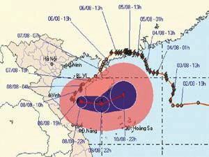 The route of Tropical Storm Goni recorded at 22:30pm August 8 (Photo: SGGP) The route of Tropical Storm Goni recorded at 22:30pm August 8 (Photo: SGGP)
