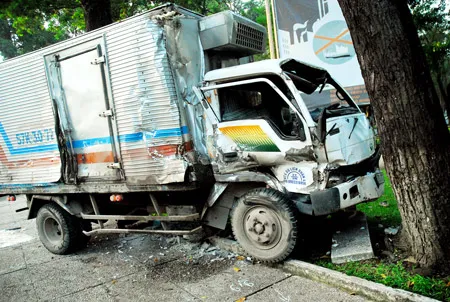 Xe đông lạnh sau khi đâm vào gốc cây đã dội ngược lại cán chết tài xế. Xe đông lạnh sau khi đâm vào gốc cây đã dội ngược lại cán chết tài xế.