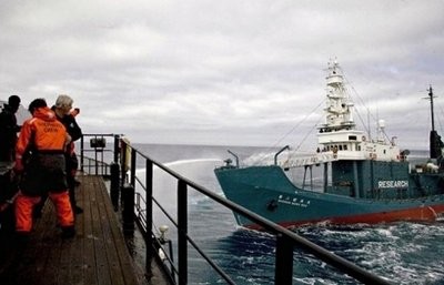 The Japanese harpoon vessel Shonan Maru No 2 (R) attacking the Sea Shepherd vessel Steve Irwin (L) with water canons in the Southern Ocean off Antarctica December 22. The Japanese harpoon vessel Shonan Maru No 2 (R) attacking the Sea Shepherd vessel Steve Irwin (L) with water canons in the Southern Ocean off Antarctica December 22.