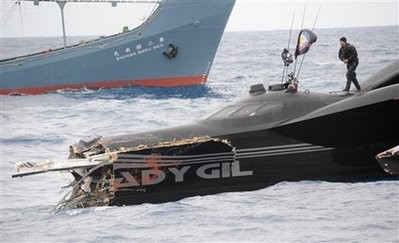 This photo provided shows the sheared off bow of the Ady Gil, a high-tech speed boat after a collision with a Japanese whaling ship in the frigid waters of Antarctica on Wednesday Jan. 6, 2010. This photo provided shows the sheared off bow of the Ady Gil, a high-tech speed boat after a collision with a Japanese whaling ship in the frigid waters of Antarctica on Wednesday Jan. 6, 2010.