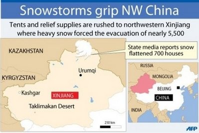 China was rushing tents and other relief supplies to its northwestern Xinjiang region after heavy snow killed one person and forced the evacuation of nearly 5,500 others, state media said Sunday. (AFP Graphic) China was rushing tents and other relief supplies to its northwestern Xinjiang region after heavy snow killed one person and forced the evacuation of nearly 5,500 others, state media said Sunday. (AFP Graphic)